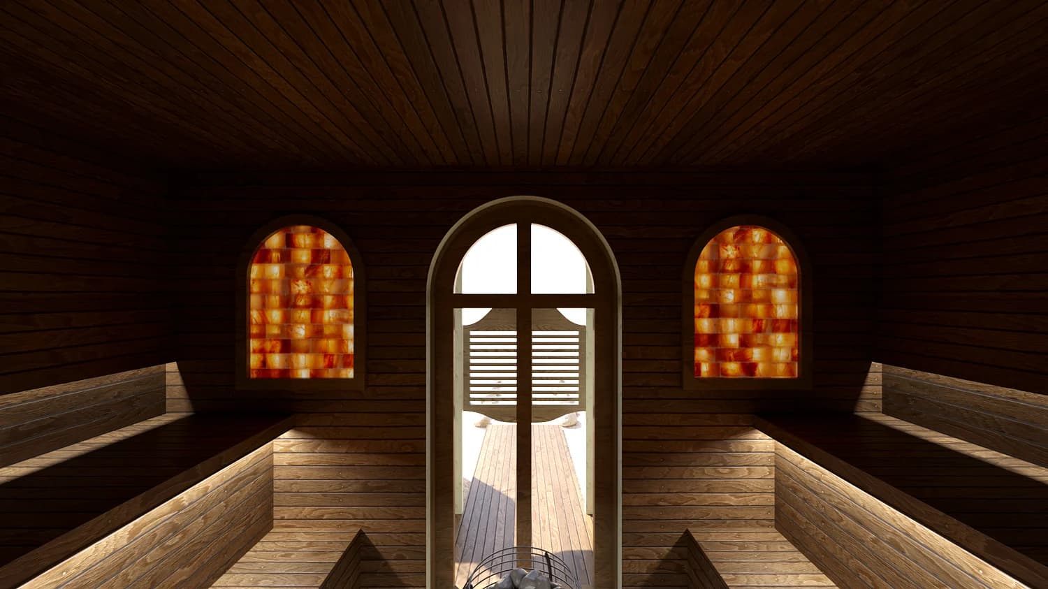A timber sauna interior with tiered benches and arched windows.