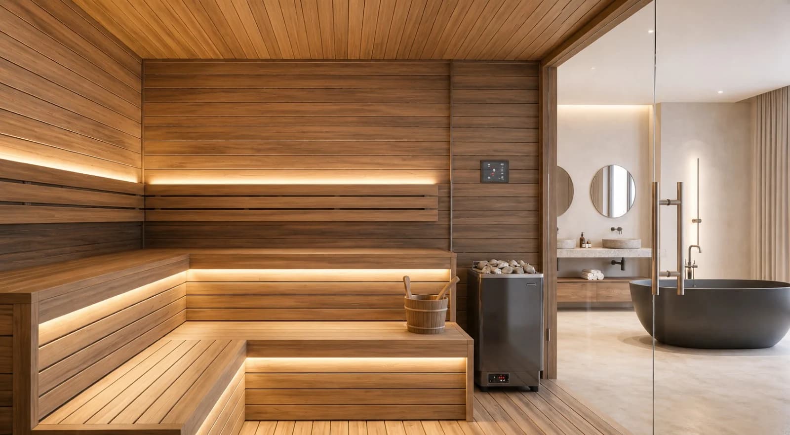 A cedar sauna opening onto a bathroom with a freestanding tub.