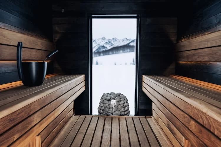 Timber sauna benches frame a window looking onto a snowy landscape.