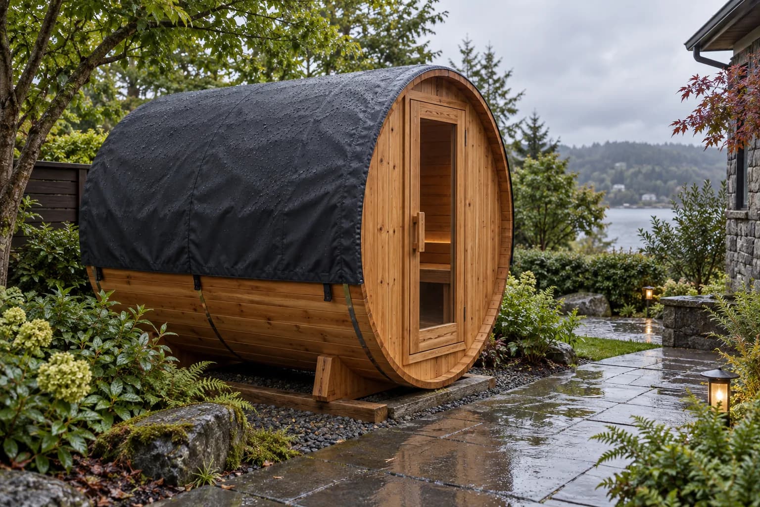 Barrel sauna with a dark fitted roof cover in a garden after rain