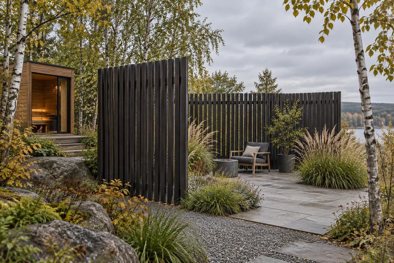 Dark timber privacy screen around garden seating beside a sauna
