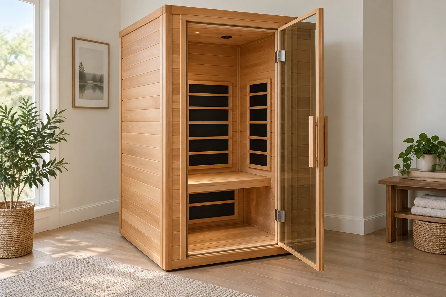 Compact timber infrared sauna cabinet with dark heating panels and an open glass door