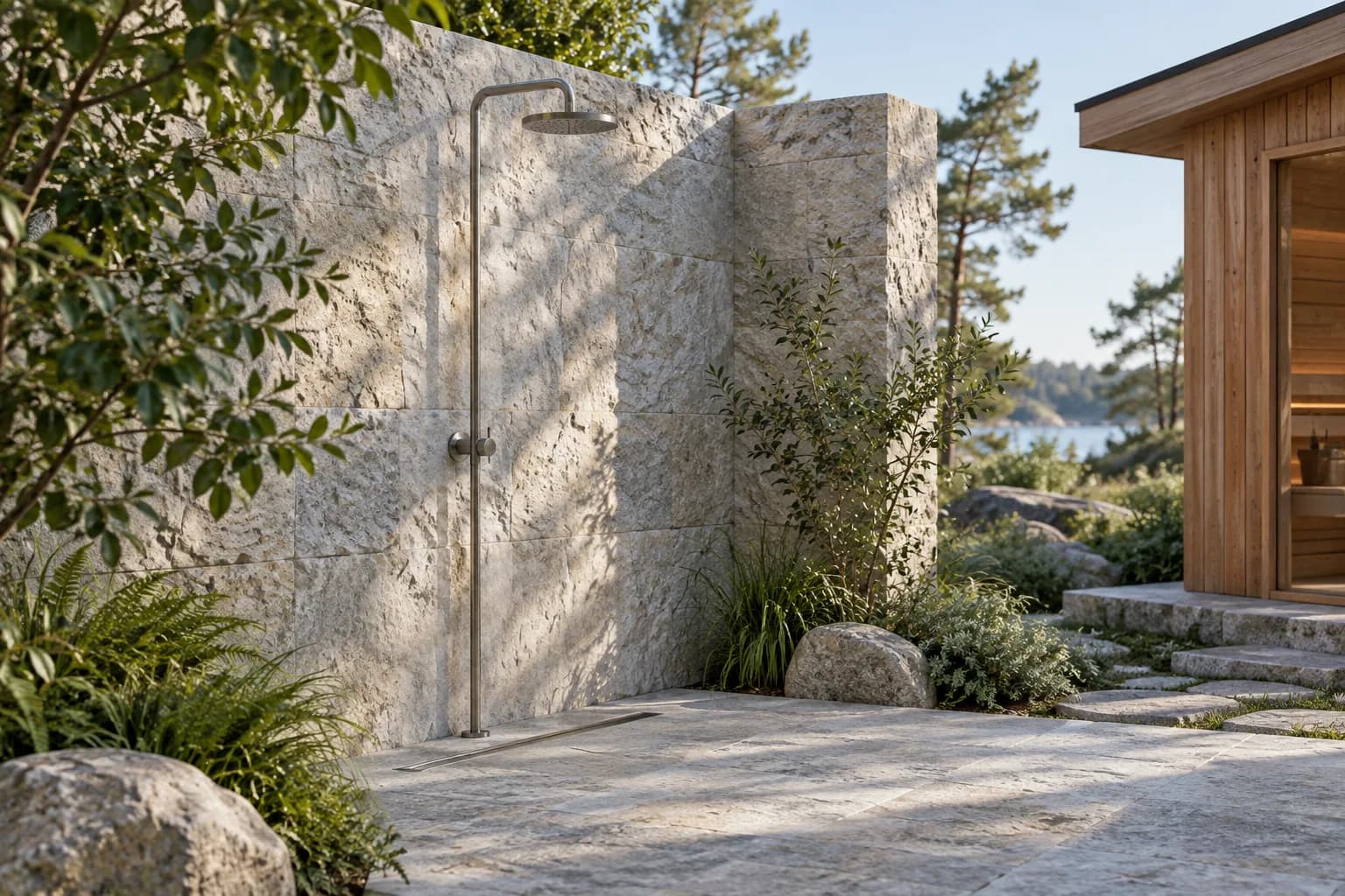 Outdoor shower against a pale stone privacy wall beside a timber sauna