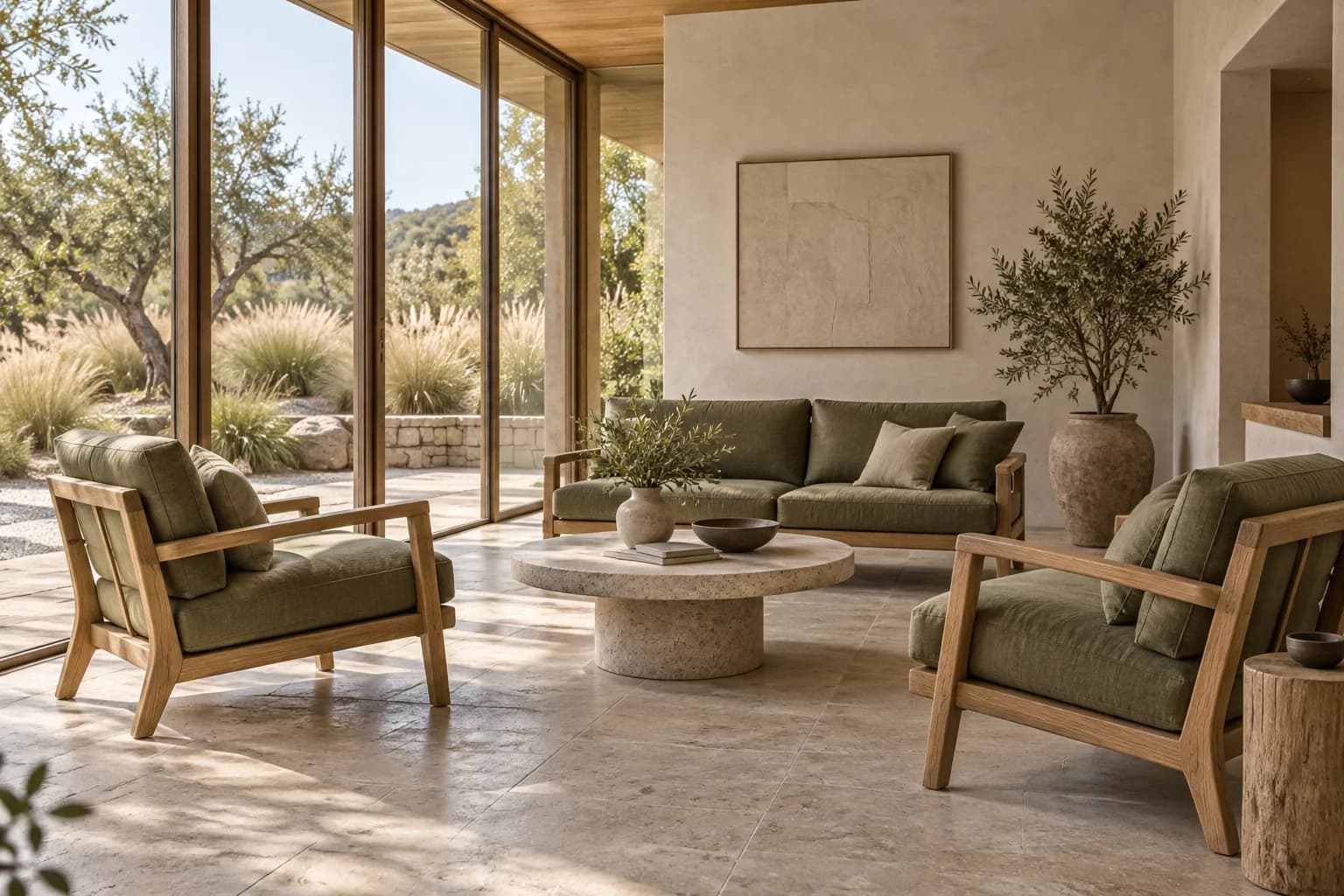 Olive lounge seating around a stone table in a garden room