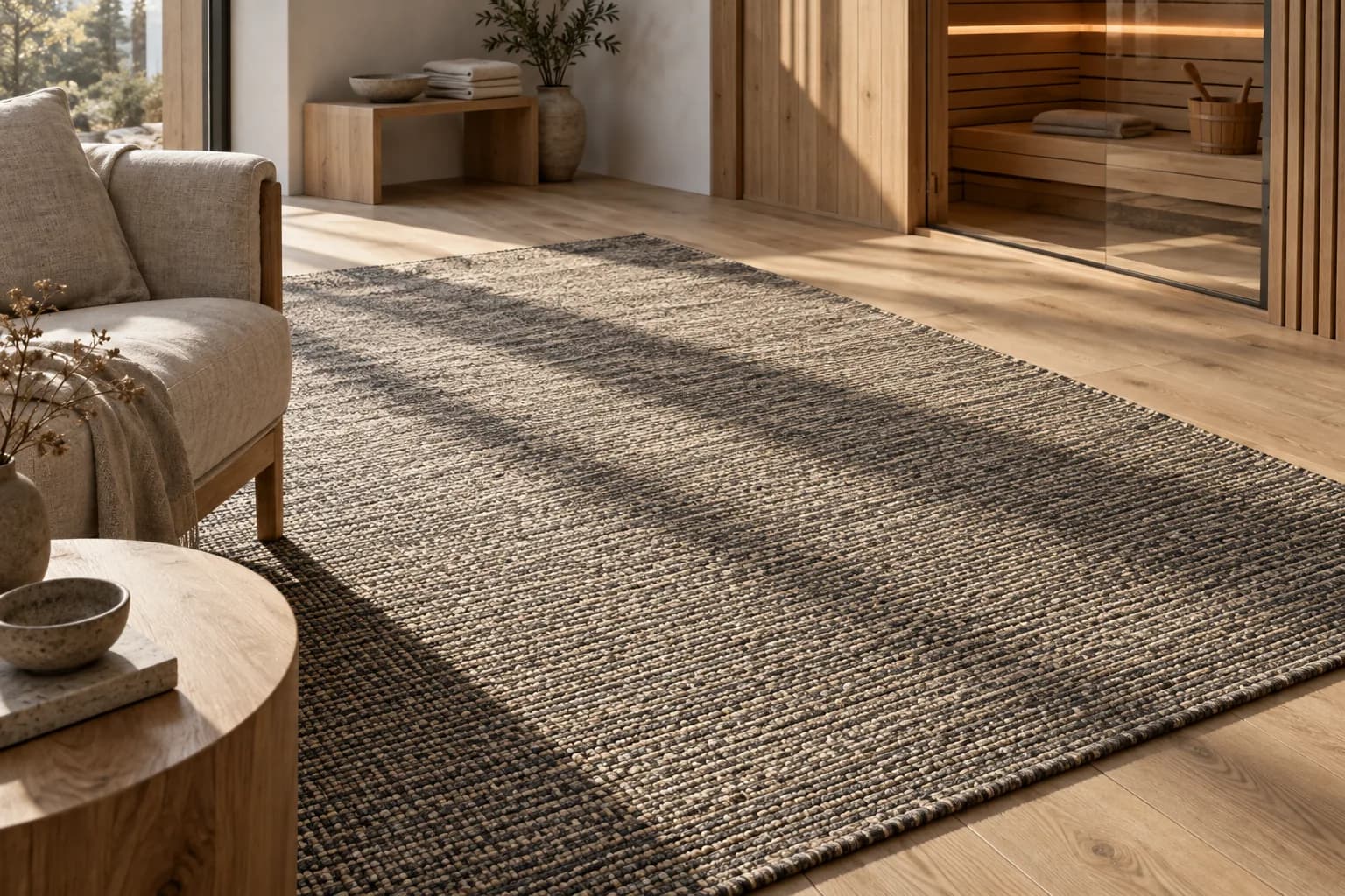 Textured woven rug on the floor of a dry sauna lounge