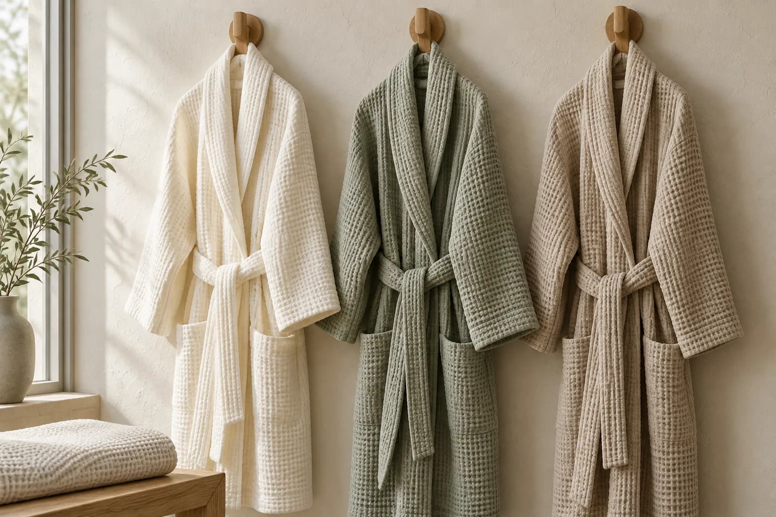 Three waffle cotton robes on hooks in a dry changing area