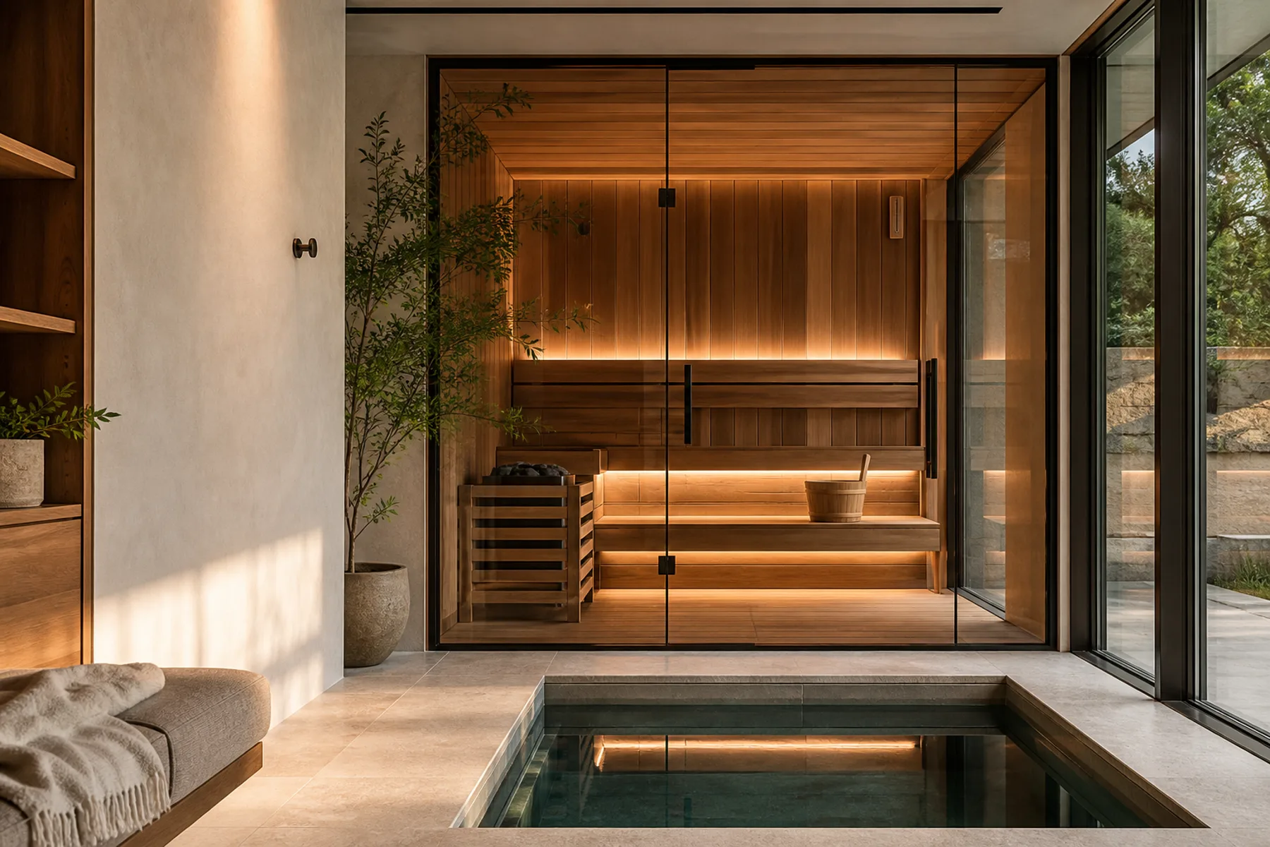 Illustrative home wellness room with a cedar sauna and recessed plunge pool