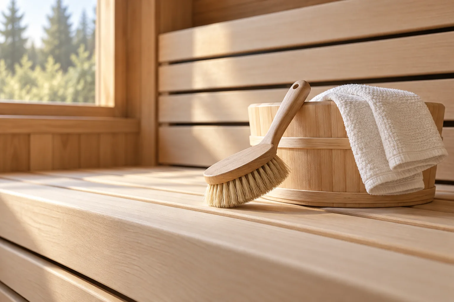 Brush, cloth and wooden pail on a pale timber sauna bench