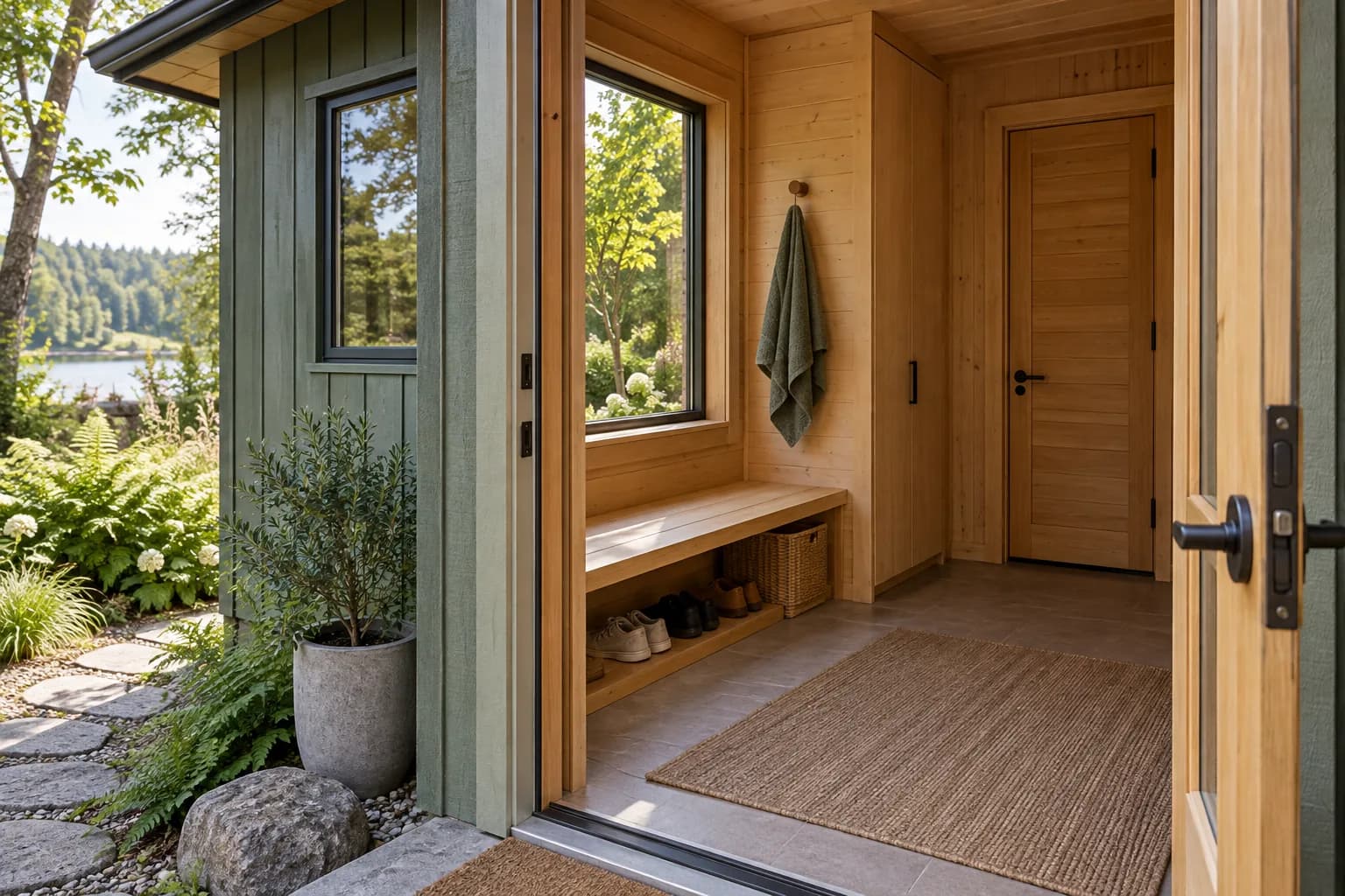Garden sauna changing room with a bench, cupboard and clear floor space