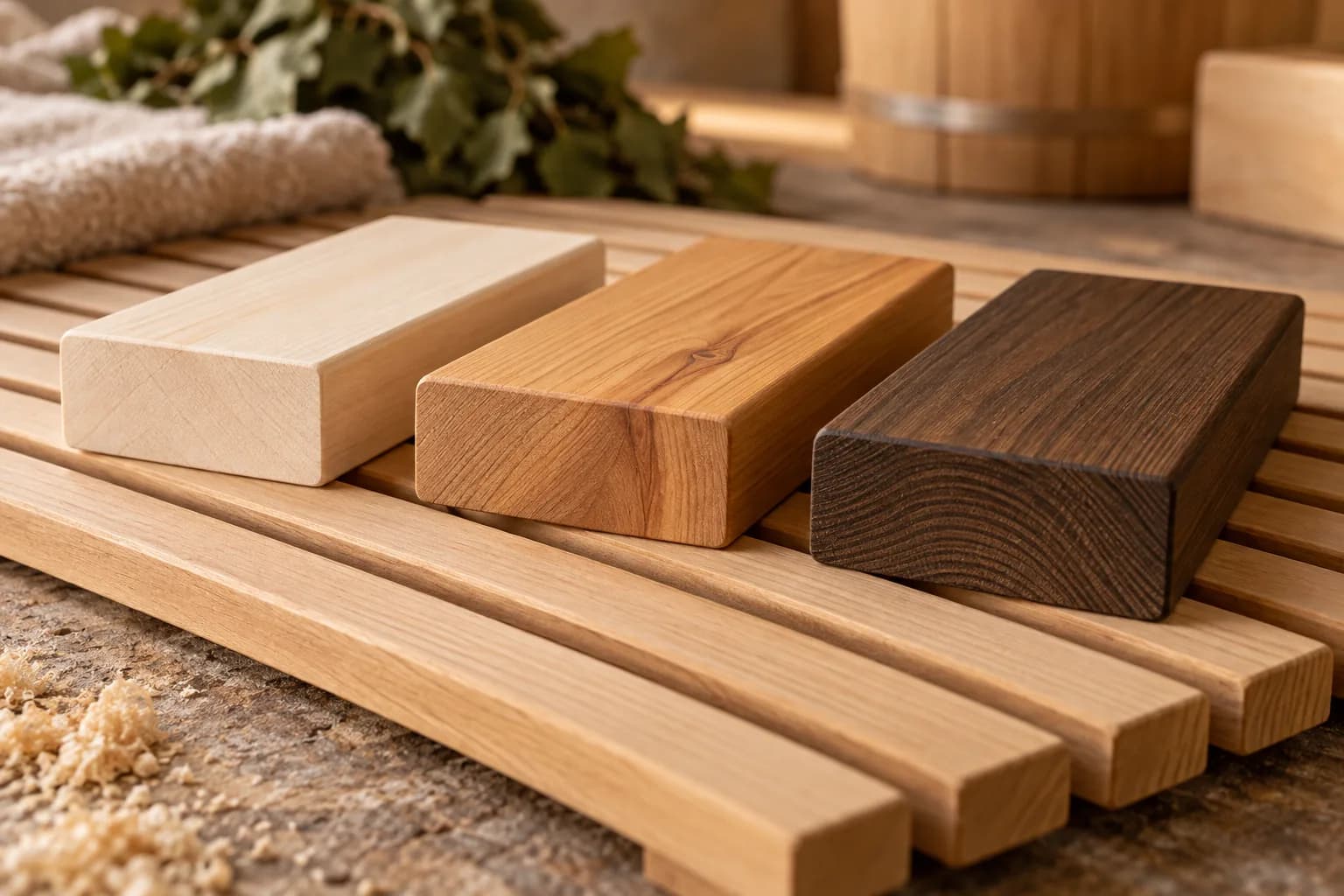 Three timber samples on a slatted wooden floor panel
