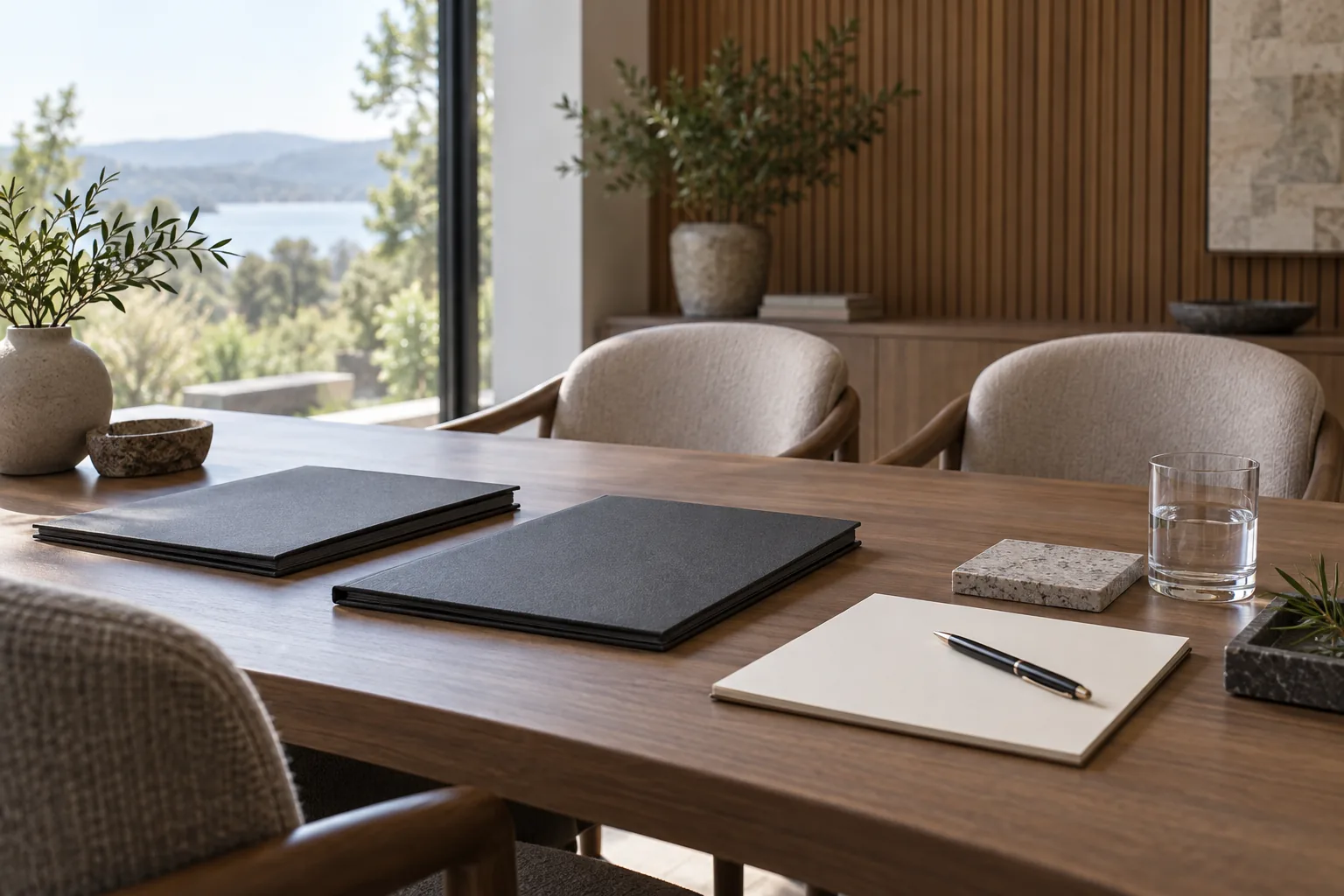 Proposal folders, a notepad and finish sample on a consultation table
