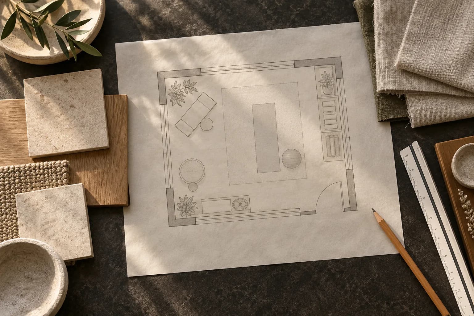 Concept room sketch with timber, stone and linen material samples